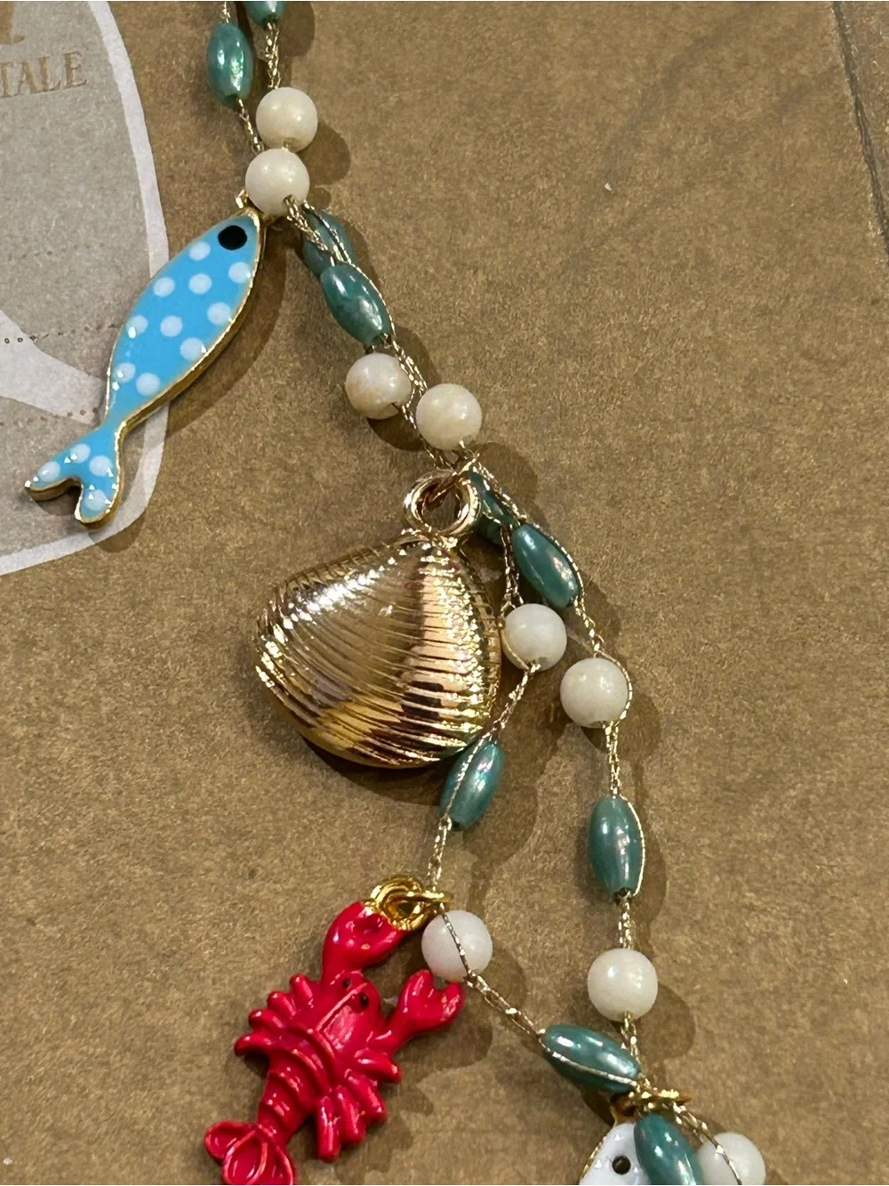 NWOT Necklace “1 Fish, 2 Fish, Red Fish…enamel Sea Life Charms, Aqua white beads